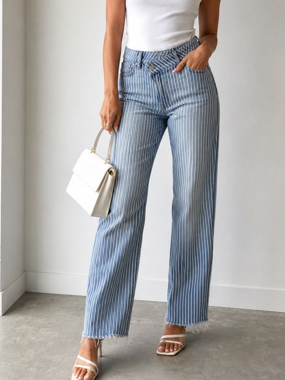 Aqua Asymmetrical Waist High Rise Blue Pin Stripe Wide-Leg Jeans Raw Hem